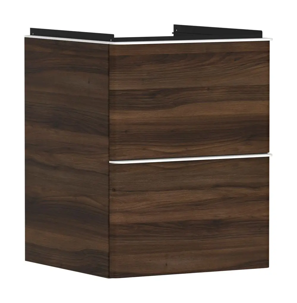 Waschtischunterschrank in dunklem Holzdekor mit zwei Schubkästen, geeignet für Handwaschbecken. Marke: Hansgrohe.